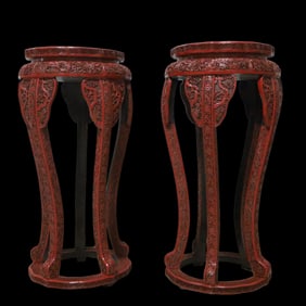 A Pair of Huge Carved Red Lacquer Lotus,Character and Story Pattern Stools,With Poem