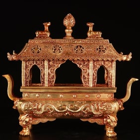 A Rare Gilt Bronze Eight Treasures and Dragon Pattern Double-Ears Four Legs Censer