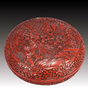 An Exquisite Carved Red Lacquer Flower and Bird Pattern Cover Box,Qing Dynasty, China,Qianlong