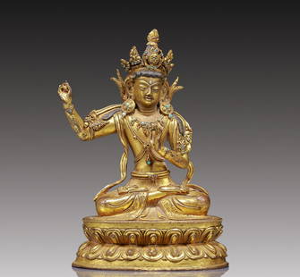 A Solemn Gilt Bronze Inlaid Turquoise Statue of Avalokitesvara: A Solemn Gilt Bronze Inlaid Turquoise Statue of Avalokitesvara,Ming Dynasty, China,Size:3.5inx2.8inx5.5in,Weight:605g &#38108;&#37775;&#37329;&#23884;&#32511;&#26494;&#30707;&#35266;&#38899;&#20687;&#