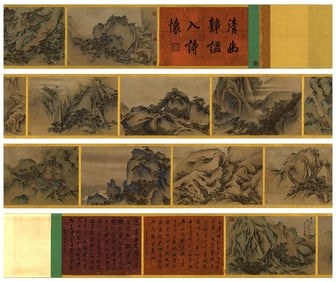 A Chinese Hand Scroll Ink Painting of Landscape and Figure on Paper,Tang Yin