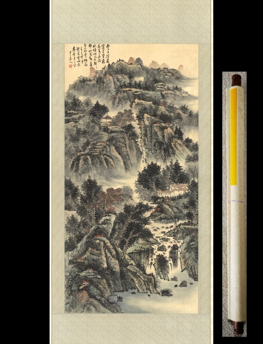 A Chinese Vertical Scroll Ink Painting of Landscape on Paper,Chen Banding: A Chinese Vertical Scroll Ink Painting of Landscape on Paper,Chen Banding,Size:90.6inx32.3in,(Without frame)53.1inx26.8in 一幅中国水墨山水画ే