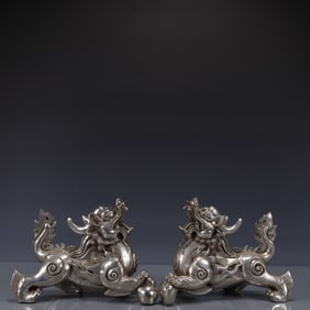 A Pair of Exquisite Silver-plated Bronze Lion Ornaments