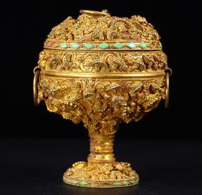 An Exquisite Gilt Silver Auspicious Beast Pattern Beast-Ears Cover Vat,Inlaid Turquoise