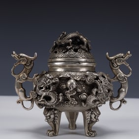 An Exquisite Silver-plated Bronze Dragon Pattern Double-Ears and Tripod Censer