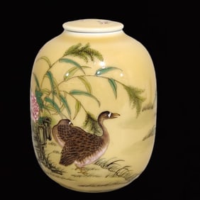 An Exquisite Yellow Glazed Flower and Bird Pattern Tea Caddy
