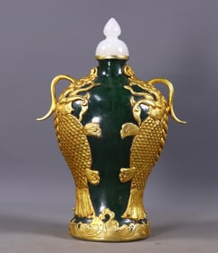 An Exquisite Jasper Covered silver-gilt Fish Pattern Vase?With White Jade Cover