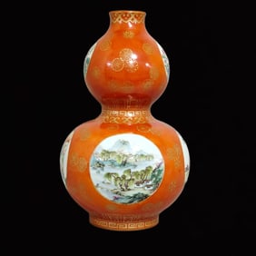 A Rare Coral Red Glazed Painted Gold Landscape and Figure Pattern Gourd-Shaped Vase