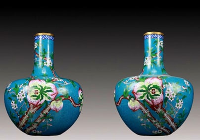 A Fine Pair Of Cloisonne 'Peach' Vase