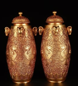 A Pair of Rare Gilt Bronze Lotus and Phoenix Pattern Sheep-Ears Jars
