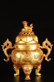 A Rare Gilt Bronze Dragon and Phoenix Pattern Double-Ears and Tripod Censer