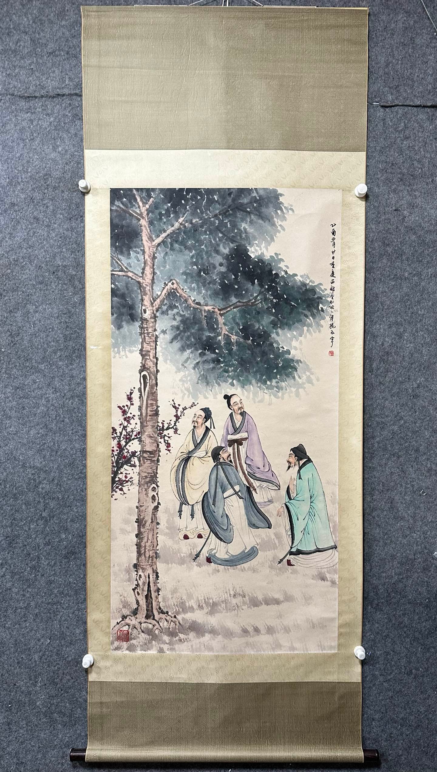 A Chinese Vertical Scroll Ink Painting of Figure on Paper,Fu Baoshi: A Chinese Vertical Scroll Ink Painting of Figure on Paper,Fu Baoshi,Without frame Size:27.2inx54.7in 一幅中国水墨人物画立轴,傅&#