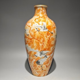 An Exquisite Iron-Red Glazed Ink Color Painted Gold Crane Pattern Vase,With Poem