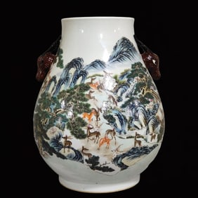 A Rare Famille-Rose Landscape and Deer Pattern Deer-Ears Vase