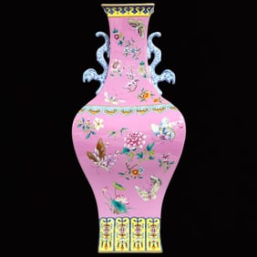 A Huge Famille-Rose Ruby Red-Glazed Flower and Butterfly Pattern Dragon-Ears Vase