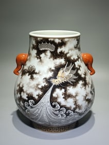 An Exquisite Ink Color Painted Gold Auspicious Cloud Fish and Dragon Pattern Elephant-Ears Vase