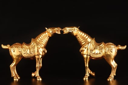 A Pair of Rare Gilt Bronze Horse Ornaments