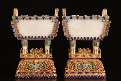 A Pair of Rare Gilt Inlaid White Jade Flower Pattern Censers, Inlaid Turquoise