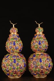 A Pair of Rare Gilt Bronze Inlaid Gems Gourd Pattern Gourd-Shaped Vases
