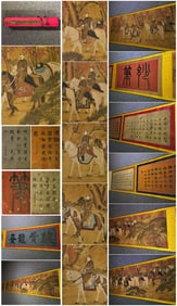 A Chinese Hand Scroll Ink Painting of Hunting on Silk,Lang Shining