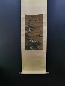 A Chinese Vertical Scroll Ink Painting of Flower and Bird on Silk,Wang Mian