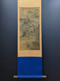 A Chinese Vertical Scroll Ink Painting of Landscape and Figure on Silk,Dong Qichang