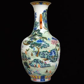 A Huge Doucai Painted Gold Landscape and Monkey Pattern Double-Ears Vase