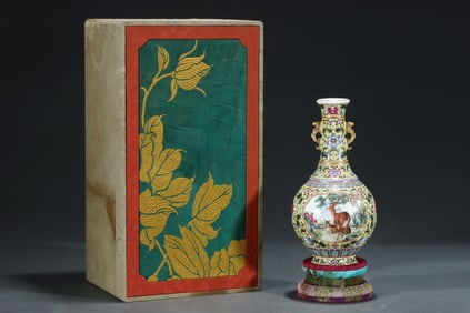 An Exquisite Enamel Painted Gold Lotus,Deer and Horse Pattern Dragon-Ears Vase