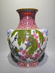 An Exquisite Famille-Rose Ruby Red-Glazed Lotus,Flower and Bird Pattern Lion-Ears Vase,With Poem