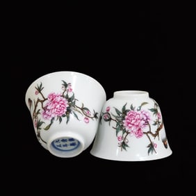 A Pair of Exquisite Famille-Rose Flower and Bird Pattern Cups