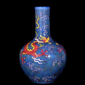 A Rare Wucai Seawater and Dragon Pattern Vase