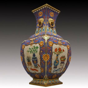 A Huge Cloisonne Flower Pattern Lion-Ears Vase