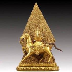 A Solemn Gilt Bronze Horse Ornament,With Inscription,Inlaid Turquoise