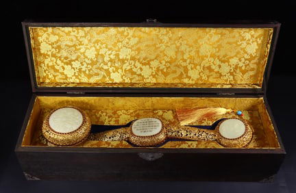 A Huge Gilt Bronze Inlaid White Jade Lotus,Bats and Peach Pattern Ruyi,With Poem,Inlaid Gems