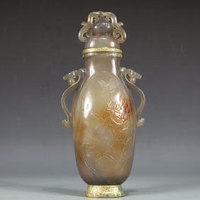 A Exquisite Agate Outline in gold Flower and Bird Pattern Double-Ears Vase
