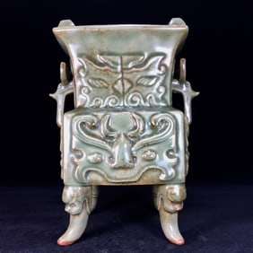 An Exquisite Long quan yao Beast-Face Pattern Double-Ears Censer