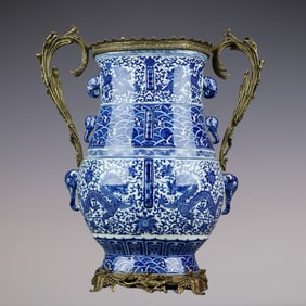 An Exquisite Blue and White Inlaid Bronze Seawater Pattern Dragon Pattern Lotus Pattern Double-Ears