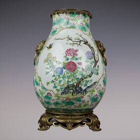An Exquisite Famille-Rose Inlaid Bronze Flower and Bird Pattern Double-Ears Vase