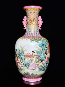 A Pair of Exquisite Famille-Rose Character and Story Pattern Double-Ears Vase