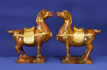 A Pair of Exquisite White Jade Cover with Gold Horse Ornament
