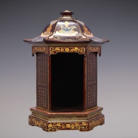 A Exquisite Carved Red Lacquer with poem Pagoda