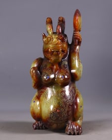 An Exquisite White Jade Inlaid Gold and Silver Inlaid Gems Bear Ornament