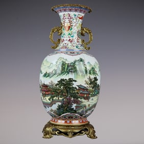 An Exquisite Famille-Rose Inlaid Bronze Lotus Pattern Landscape Pattern with poem Double-Ears Vase