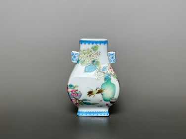 A Pair of Exquisite Famille-Rose Flower and Fruit Pattern with poem Double-Ears Vase