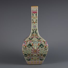 An Exquisite Famille-Rose Celadon Glazed Bats and Peach Pattern Lotus Pattern Vase