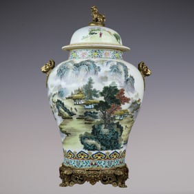 An Exquisite Famille-Rose Inlaid Bronze Landscape and Figure Pattern Lotus Pattern Double-Ears Jar