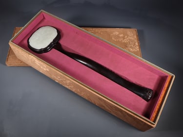 An Exquisite White Jade Inlaid Redwood Bats and Peach Pattern Ruyi Ornament
