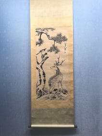A Chinese Vertical Scroll Ink Painting of Sika Deer on Paper