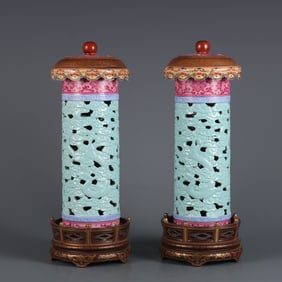 A Pair of Exquisite Antique bronze Glaze Painted Gold Lotus Pattern Dragon Pattern Incense Tube
