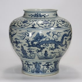 An Exquisite Blue and White Seawater Pattern Dragon Pattern Lotus Pattern Jar